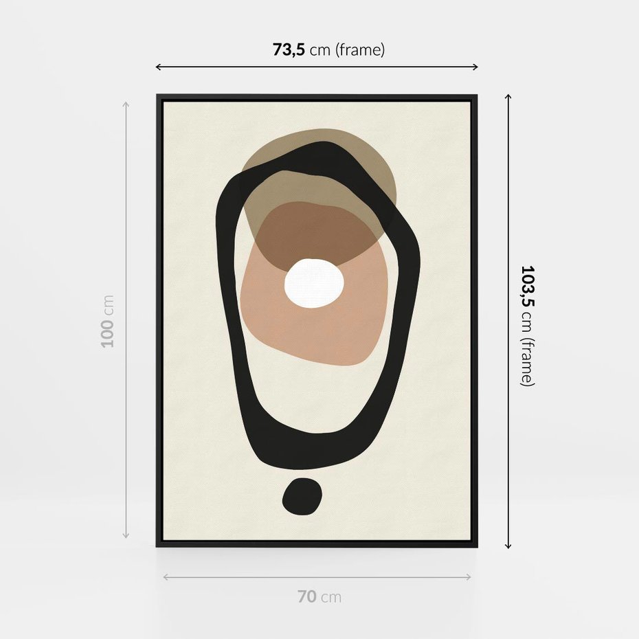 Obraz w ramie 70x100 - Intrygujące Zaskoczenia - beżowa abstrakcyjna kompozycja, czarny akcent - rama czarna