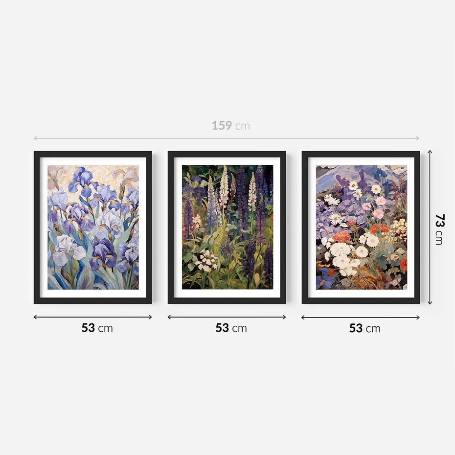 Zestaw obrazy w ramie 50x70 galeria - kwiaty, łąka, akwarela, irys, boho - rama czarna