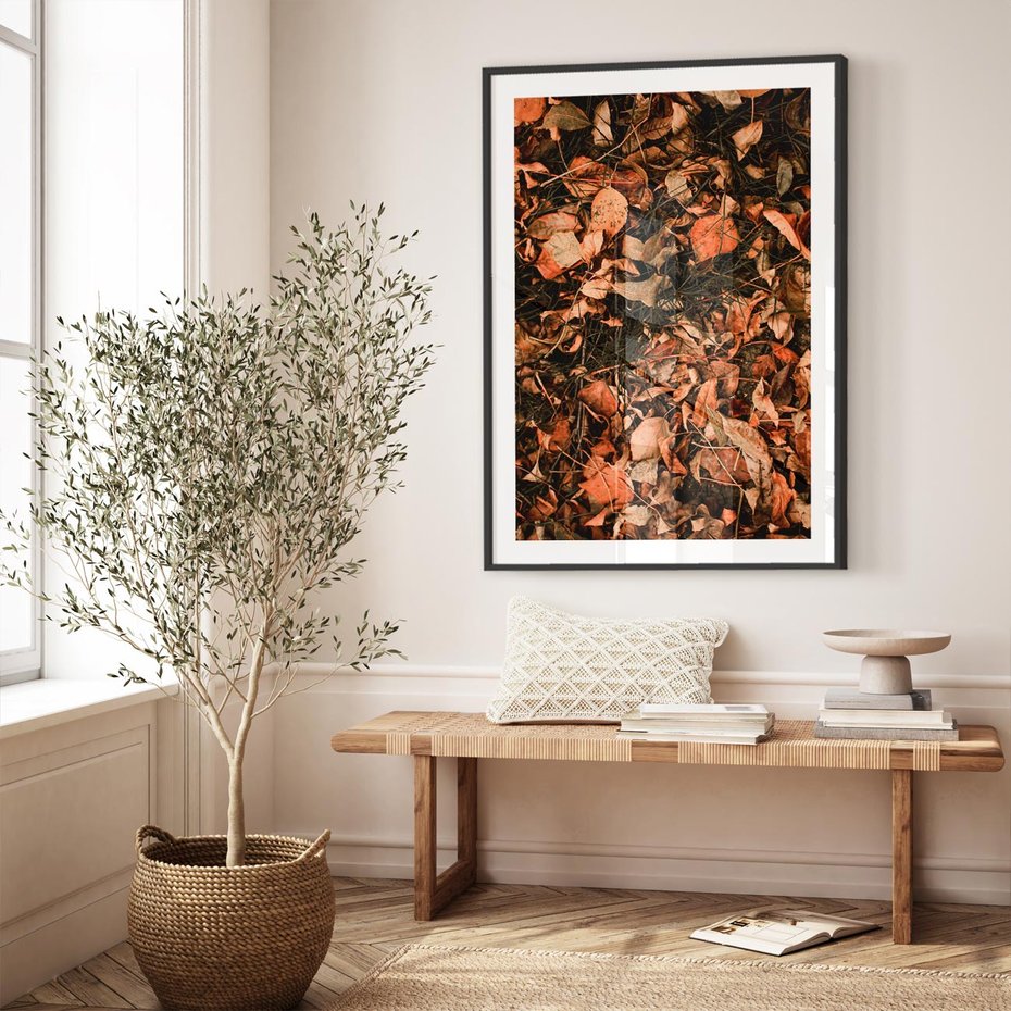 Plakat bez ramy 50x70 - Jesienny Splot: Pomarańczowe Liście - liście, pomarańczowe suche liście