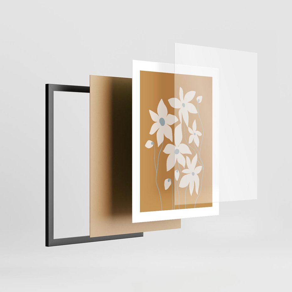 Plakat w ramie 30x40 - Kwiatowy Spektakl - minimalistyczne kwiaty, na pomarańczowym tle - rama czarna