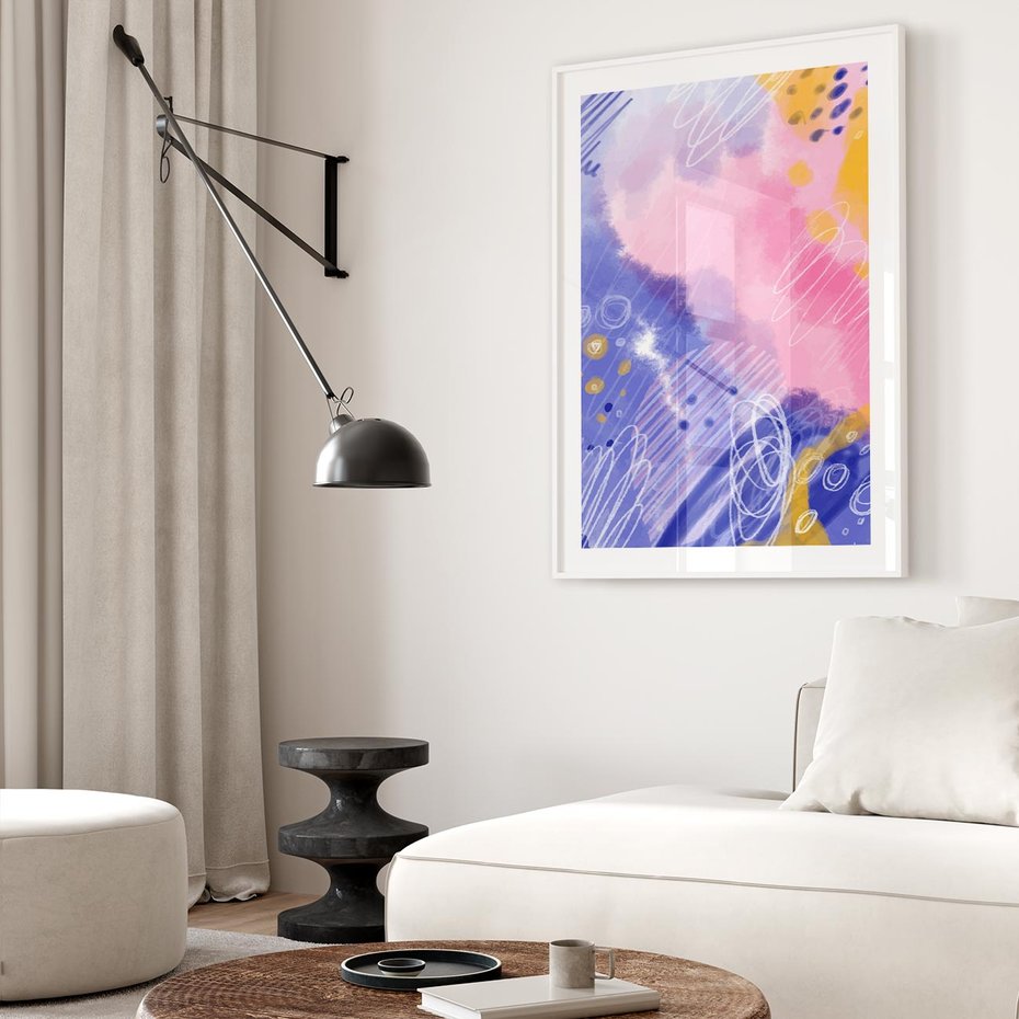 Plakat w ramie 30x40 - Migocące Granice Kształtów - abstrakcyjny plakat, pastelowe kolory - rama biała