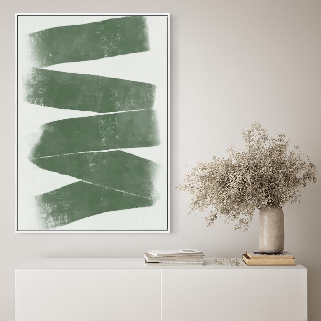 Obraz w ramie 80x120 - Zielone Refleksje - abstrakcja, zgaszony zielony kolor - rama biała