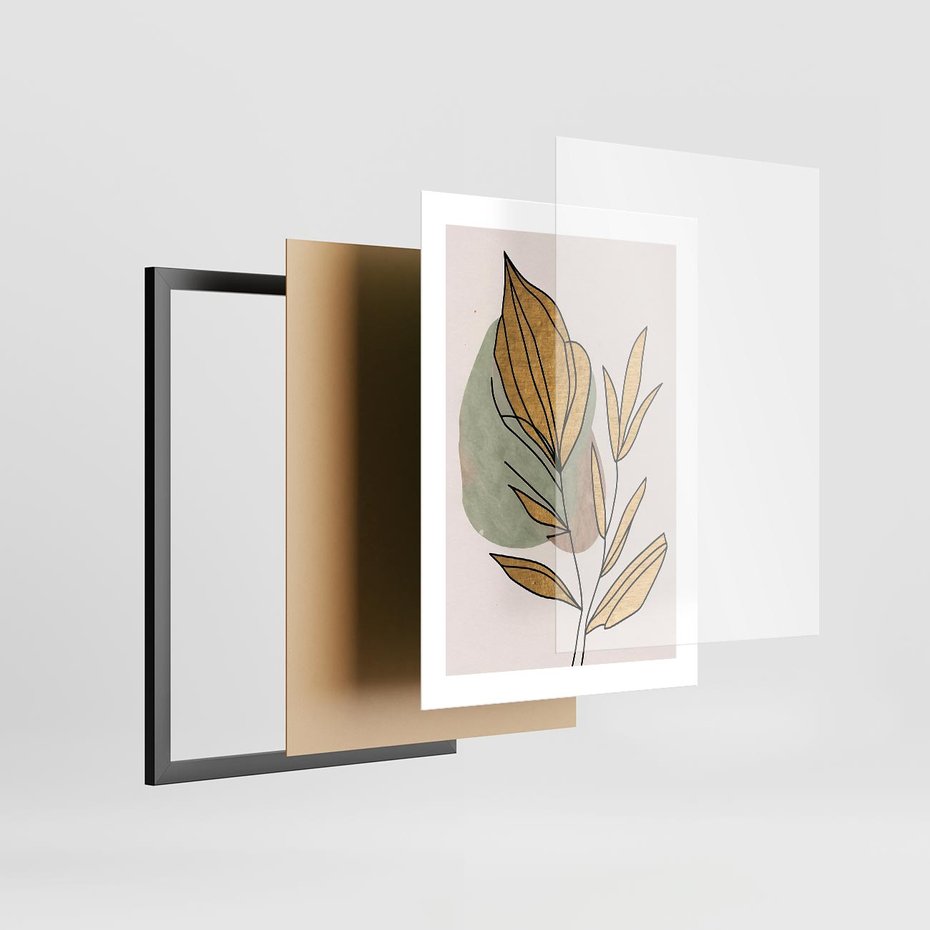 Plakat w ramie 30x40 - Rozkwitające Wnętrza Światła - abstrakcyjny obraz boho, liście - rama czarna