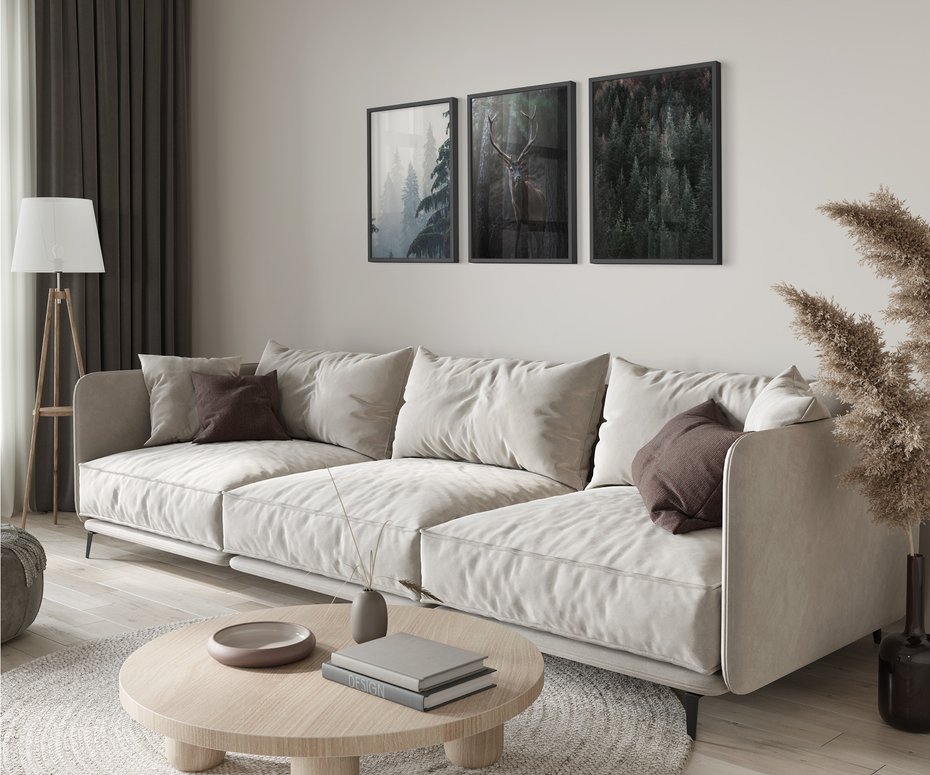 Zestaw obrazy w ramie 50x70 galeria - Jeleń, mglisty, las, skandynawski - rama czarna