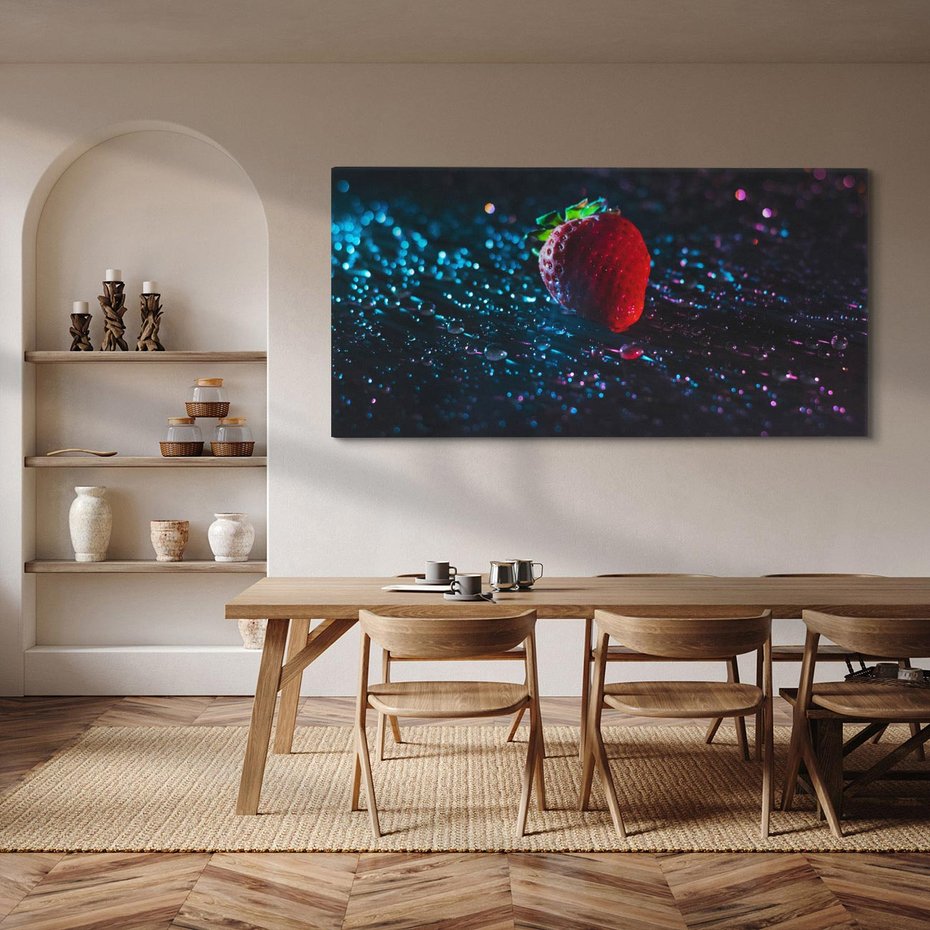 Obraz na płótnie 140x70 - Truskawka Kropelkowy Urok - truskawka, krople