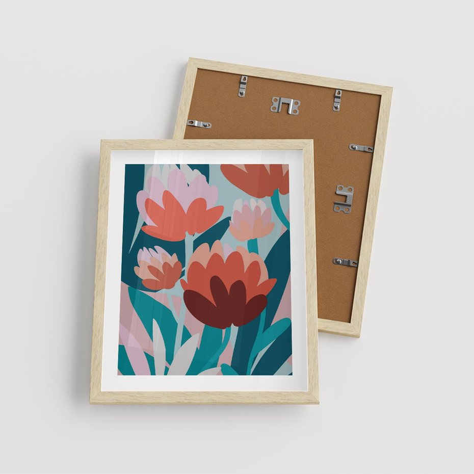 Plakat w ramie 40x50 - Symfonia Kwiatów - abstrakcyjna kompozycja kwiatowych form, kolor zgaszone - rama drewno