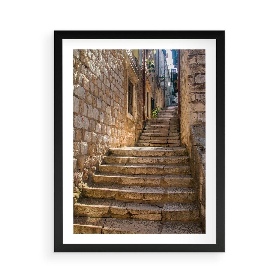 Plakat w ramie 50x70 - Uliczka: perspektywa miejskiego krajobrazu - uliczka, perspektywa - rama czarna