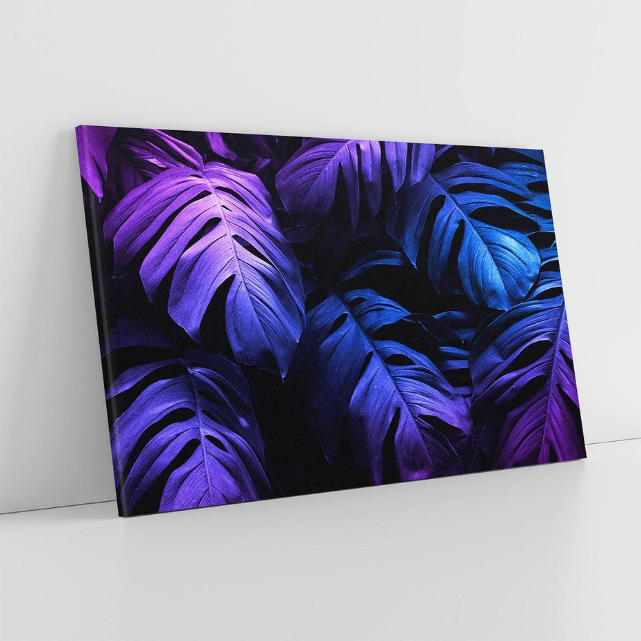 Obraz na płótnie 70x50 - Mroczna Magia Dżungli - mroczna grafika, fioletowe liście monstery na czarnym tle