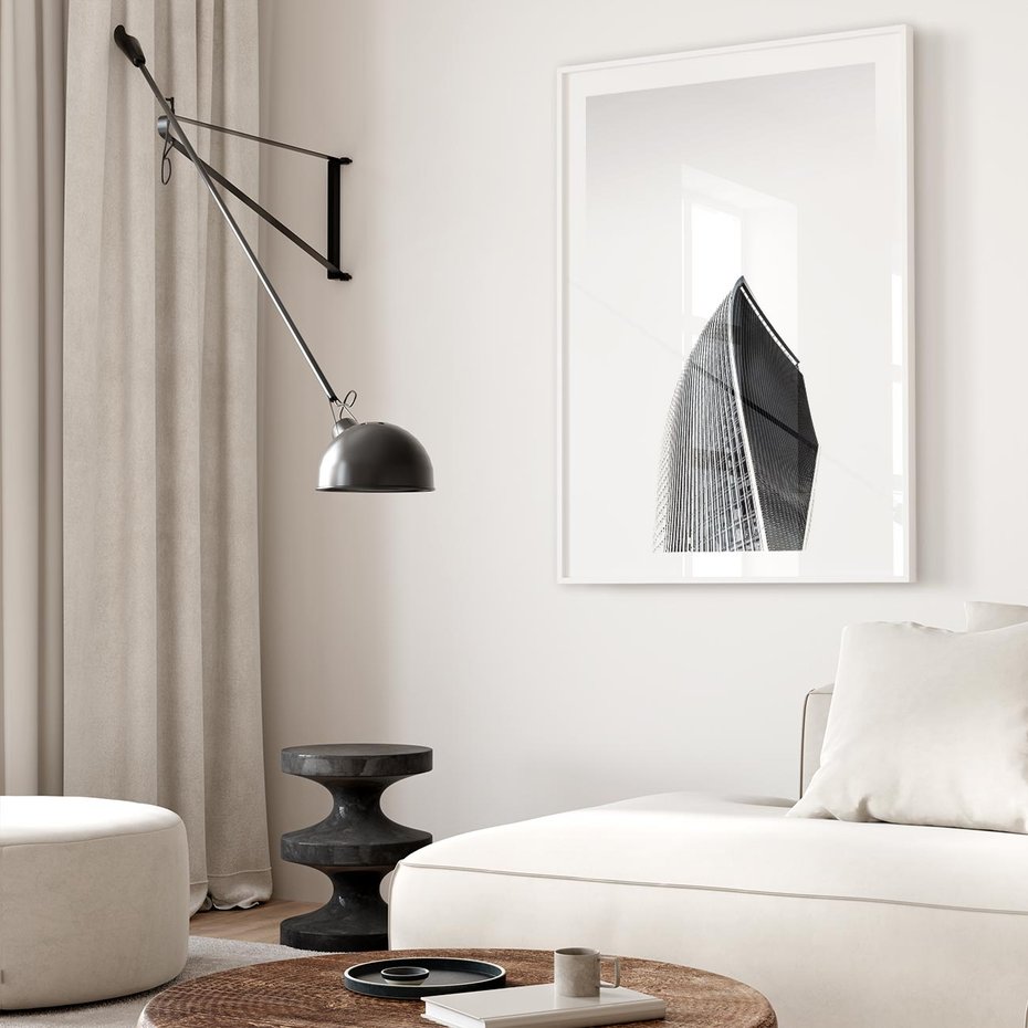 Plakat w ramie 50x70 - Czarno-Biały Wieżowiec - architektura, wieżowiec - rama biała