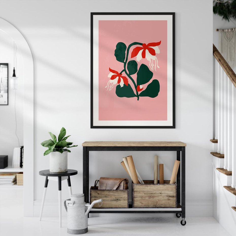 Plakat bez ramy 50x70 - Migotliwa Kreatywność - abstrakcyjne kwiaty, różowe tło