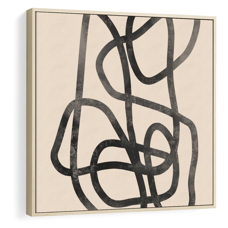 Obraz w ramie 50x50 - Przenikanie Wirtualnych Wymiarów - zaplątane minimalistyczne linie, na bezowym tle - rama drewno