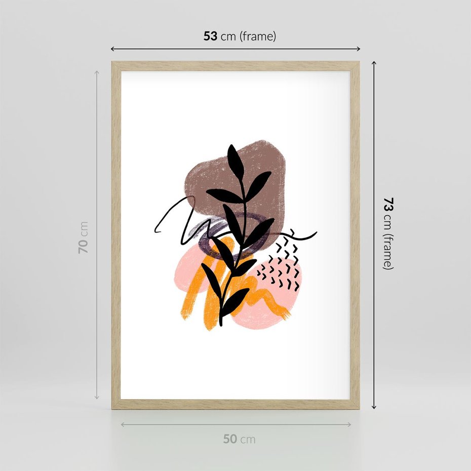 Plakat w ramie 50x70 - Echa Kształtującej się Wyobraźni - abstrakcyjna sztuka, liść gałązka - rama drewno