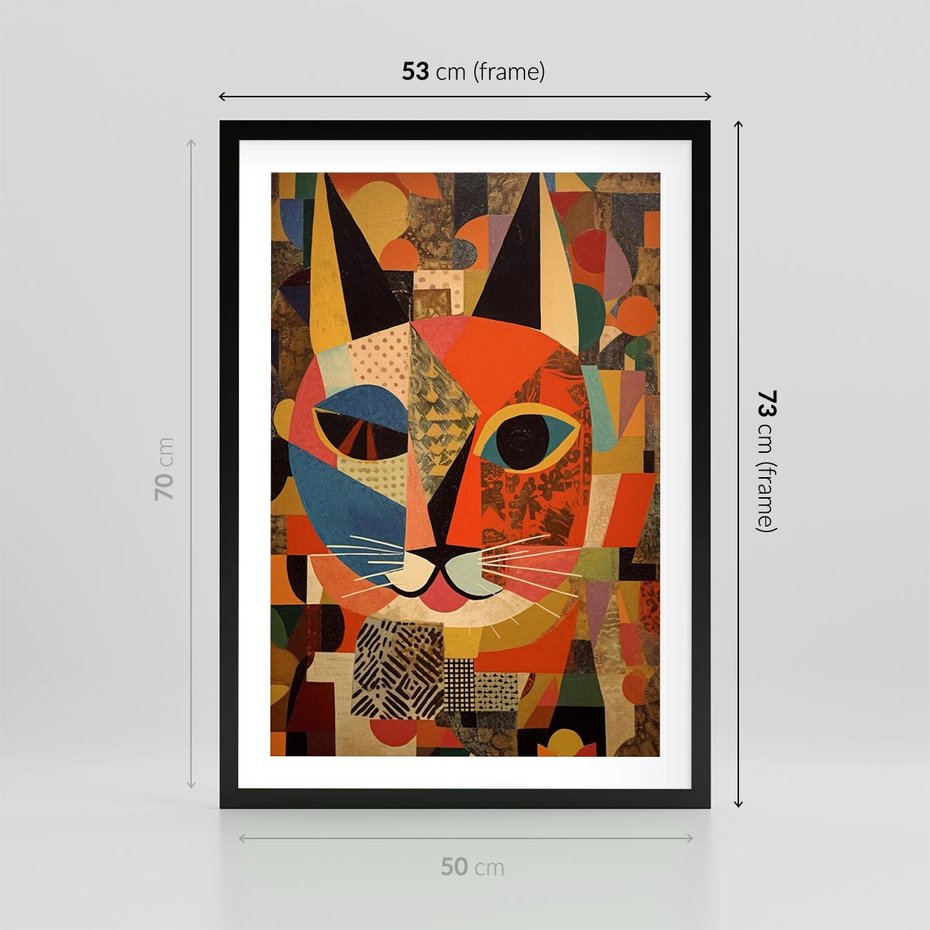 Plakat w ramie 50x70 - Impresje Nieznanych Odniesień - abstrakcyjny obraz olejny, kot - rama czarna