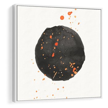 Obraz w ramie 50x50 - Wibracje Kolorów - abstrakcyjna czarna plama, rozsiane pomarańczowe kropki - rama biała