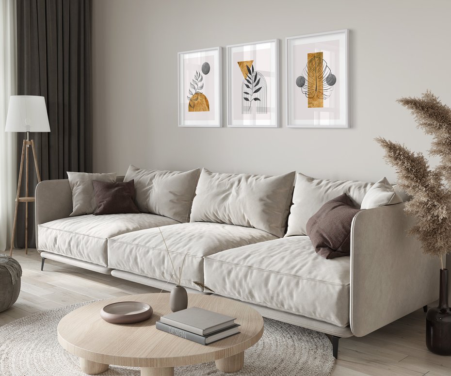 Zestaw obrazy w ramie 40x50 galeria - Złoto, liście, geometria - rama biała