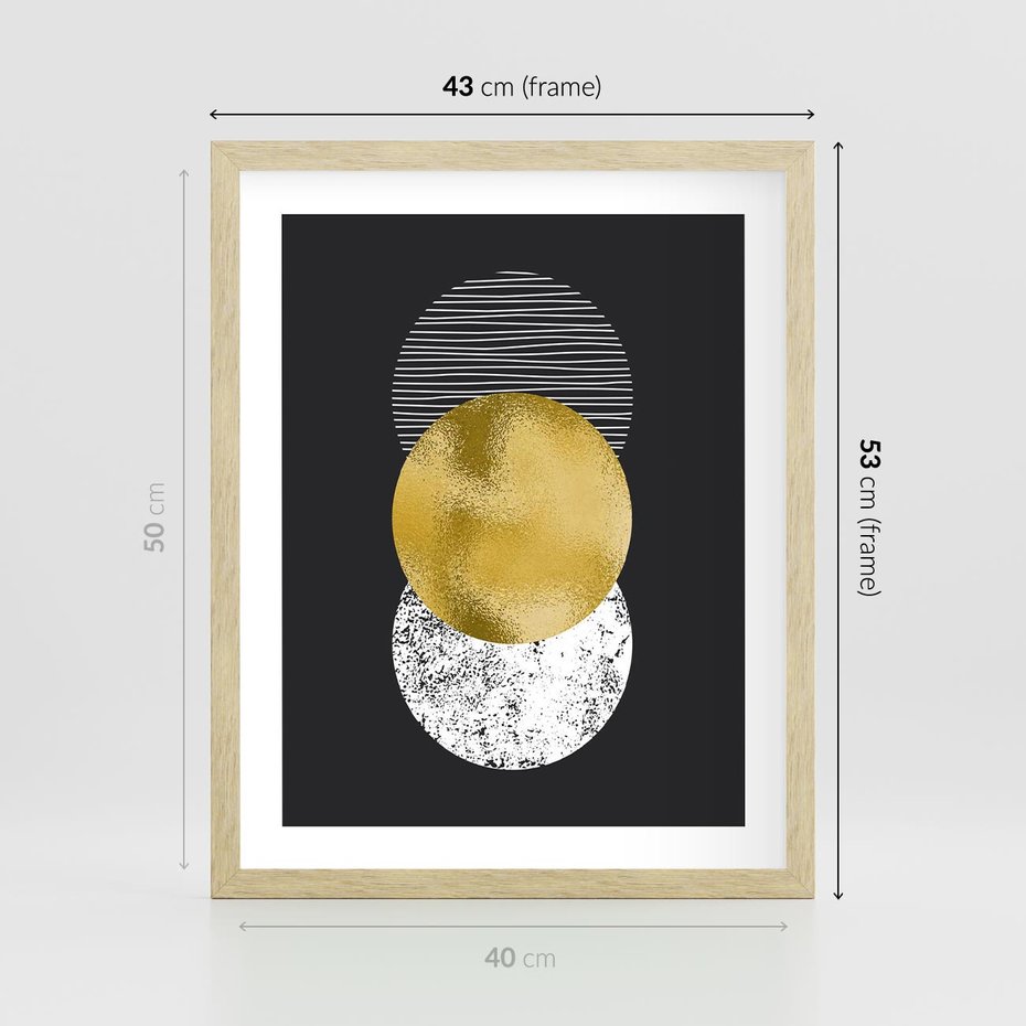 Plakat w ramie 40x50 - Geometryczna Perfekcja: Złote Koło - geometryczna grafika, złote koło - rama drewno