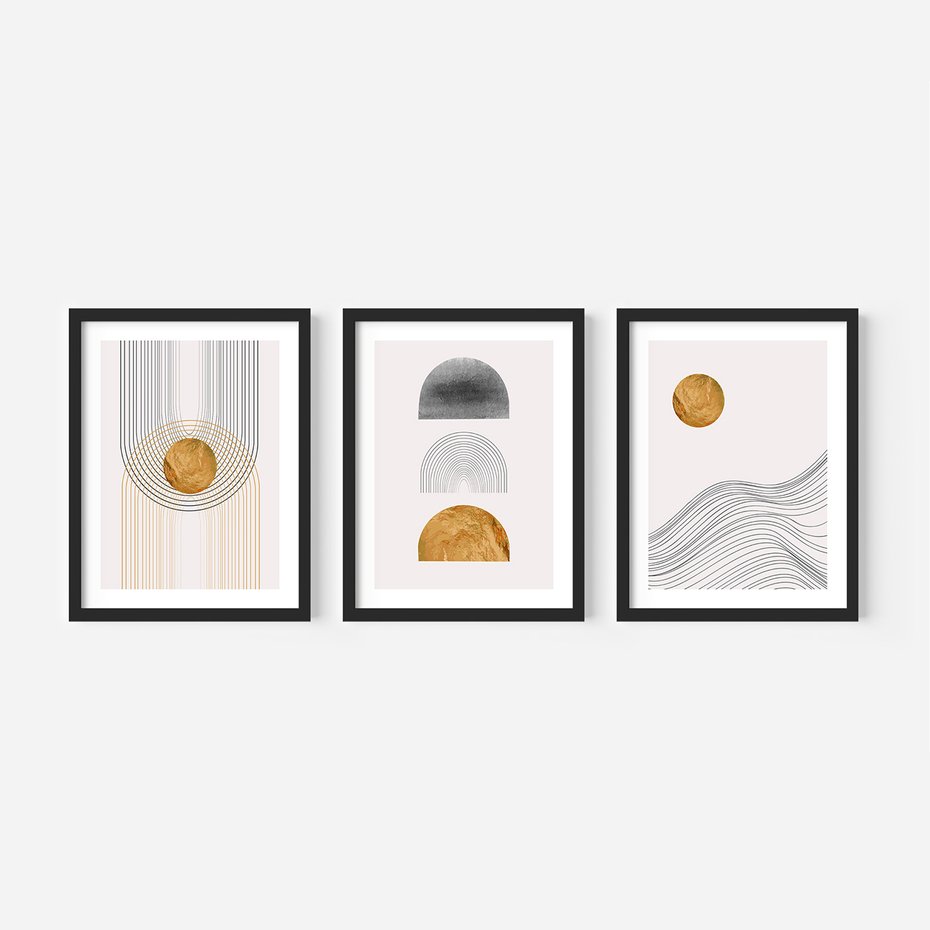 Zestaw obrazy w ramie 40x50 galeria - Minimalizm, japońskie, kształty, złoto - rama czarna