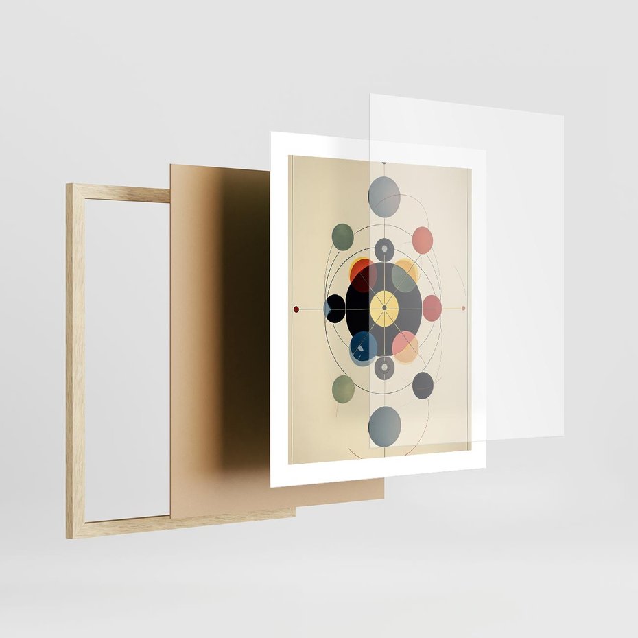 Plakat w ramie 40x50 - Bezgraniczny Taniec Światła - abstrakcyjna geometryczna kompozycja, koła linie - rama drewno