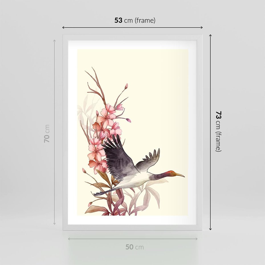 Plakat w ramie 50x70 - Szept Japonii - japońska sztuka, ptak - rama biała