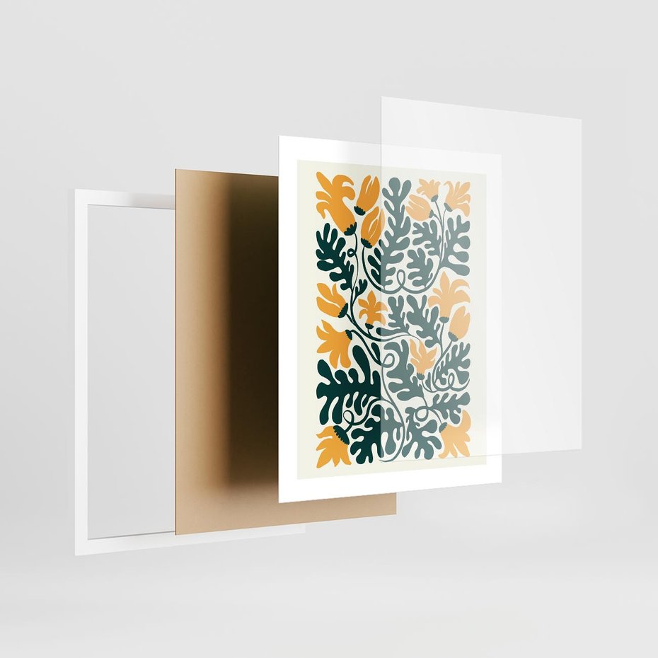 Plakat w ramie 40x50 - Impulsy Kreatywności - abstrakcyjne żółte kwiaty, kompozycja - rama biała