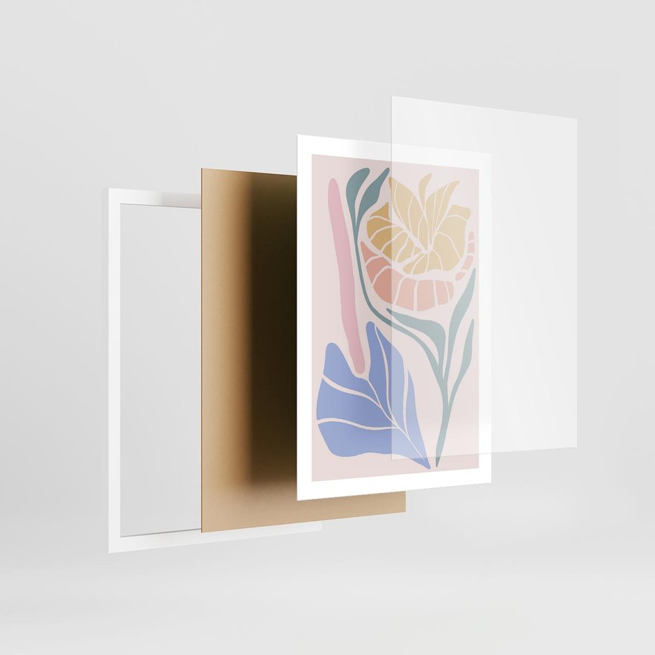 Plakat w ramie 50x70 - Wyjątkowe Ukojenie - pastelowe kwiaty, na beżowym tle - rama biała