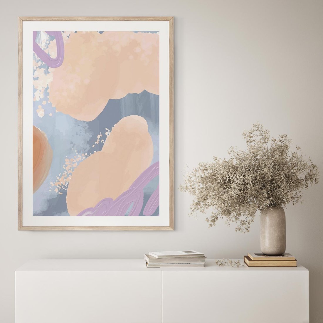 Plakat w ramie 50x70 - Przenikanie Niecodziennych Form - abstrakcyjne akwarelowe plamy, pastele - rama drewno