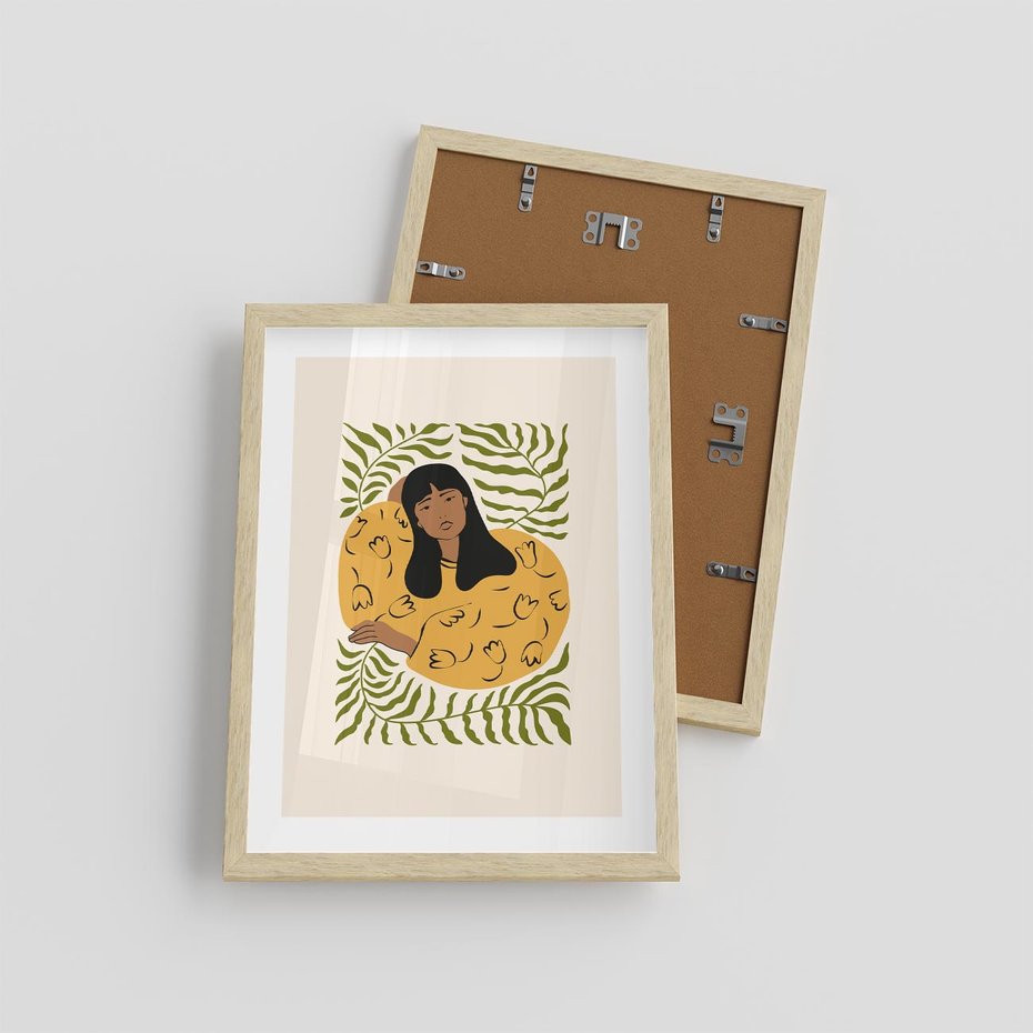 Plakat w ramie 30x40 - Malowane Odbicia Wyobraźni - nowoczesny plakat, kobieta otoczona liśćmi - rama drewno