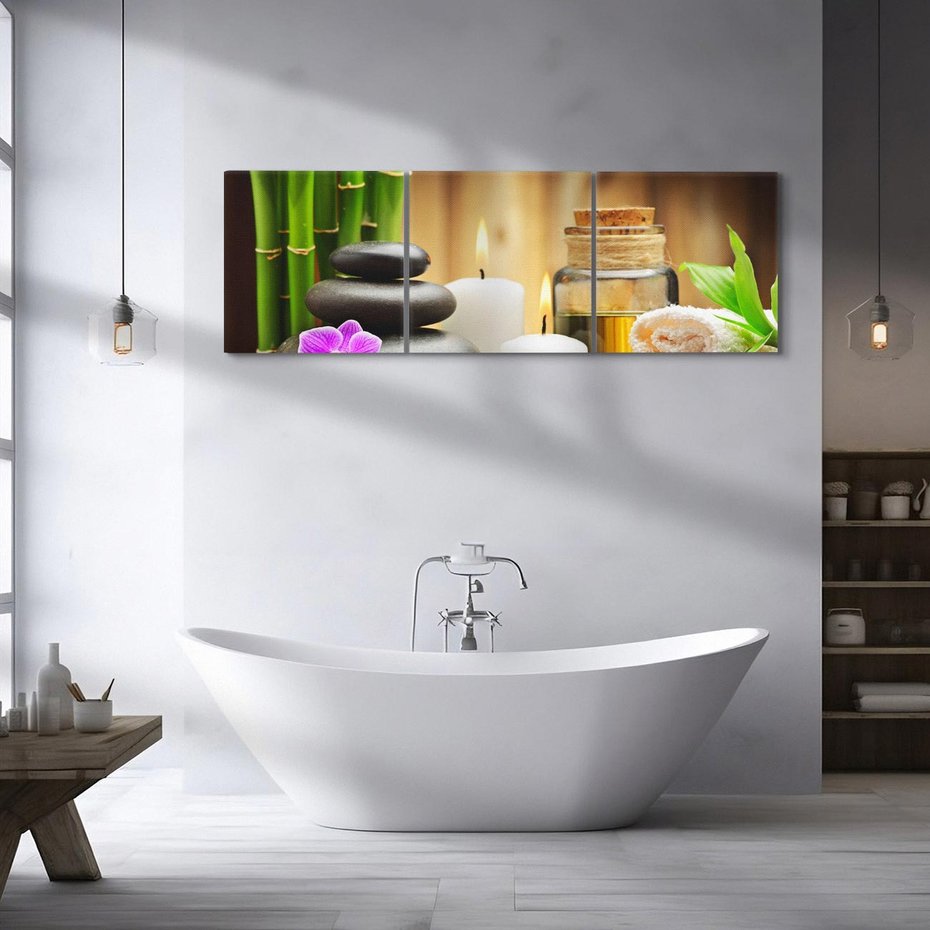 Obraz na płótnie 150x50 - Spokojny zakątek SPA z bambusem i kamieniami - bambus, kamienie