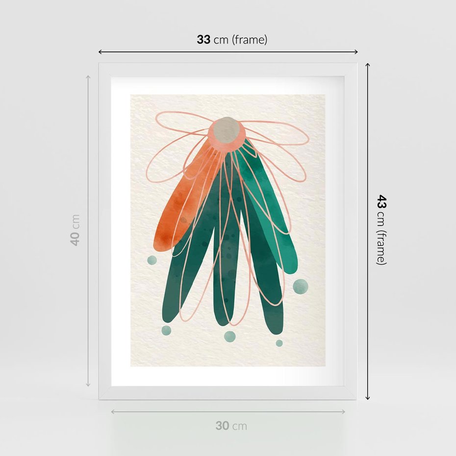 Plakat w ramie 30x40 - Energetyczna Harmonia Kwiatów - akwarelowe abstrakcyjne kształty, zieleń i pomarańcz - rama biała