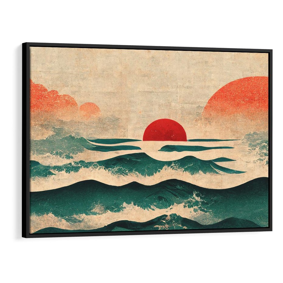 Obraz w ramie 70x50 - Czerwone Melodie - japońska sztuka, zachód słońca nad oceanem - rama czarna