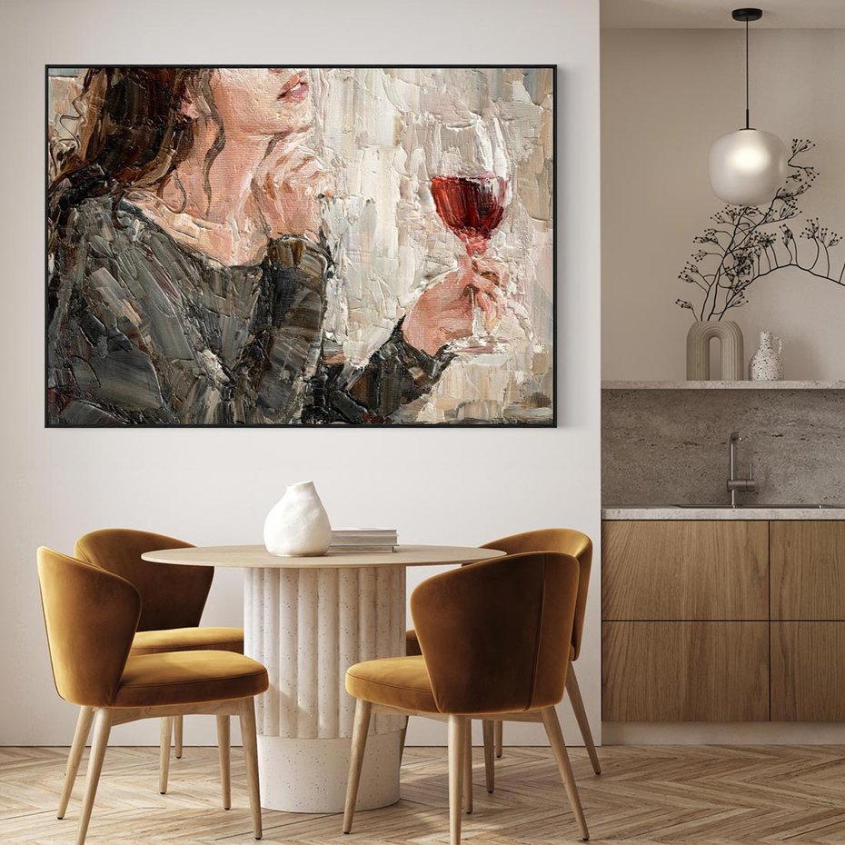 Obraz w ramie 70x50 - Esencja - kobieta wino obraz impresonizm olej na płótnie - rama czarna