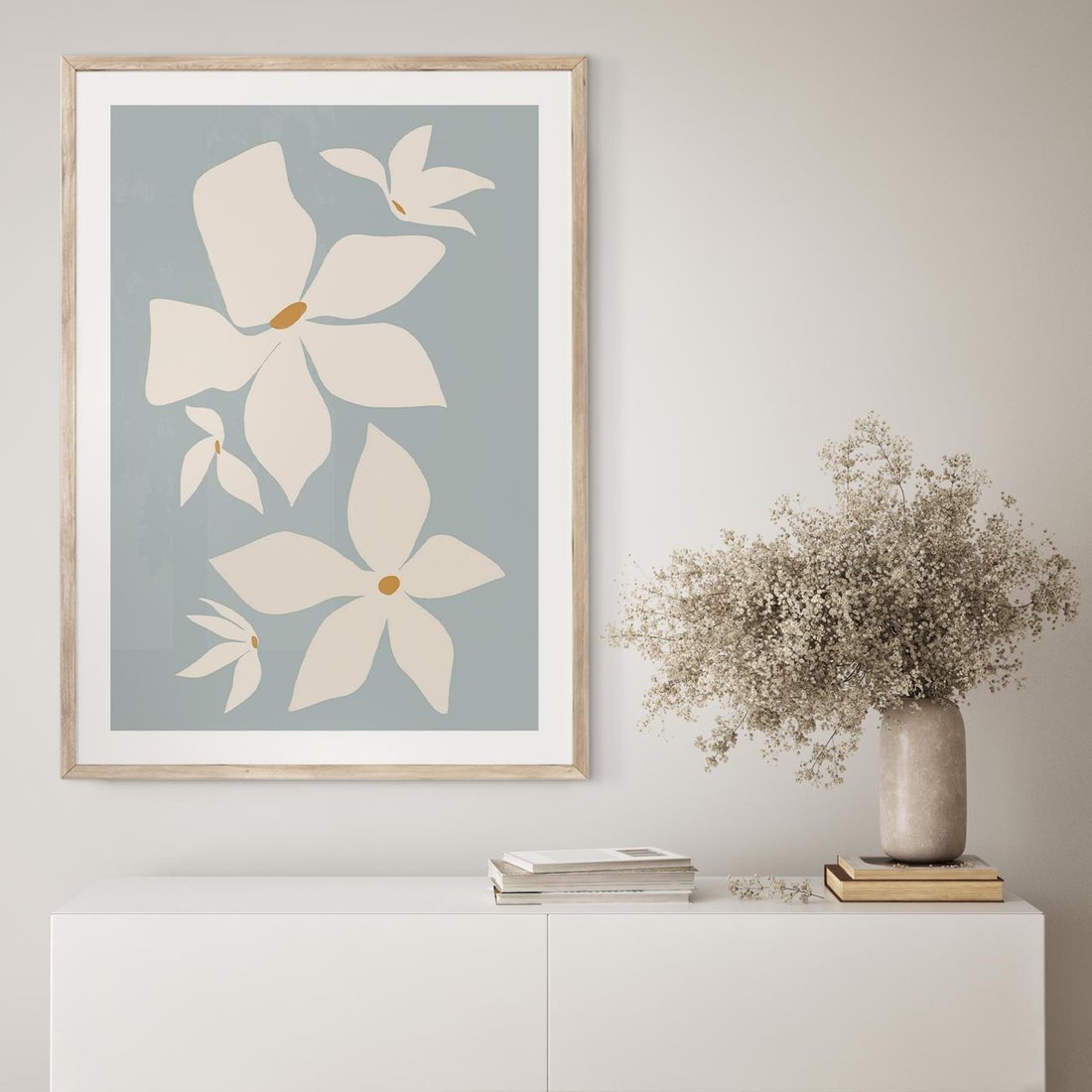 Plakat w ramie 30x40 - Błękit Kwiatów - kwiaty, nowoczesne i minimalistyczne - rama drewno