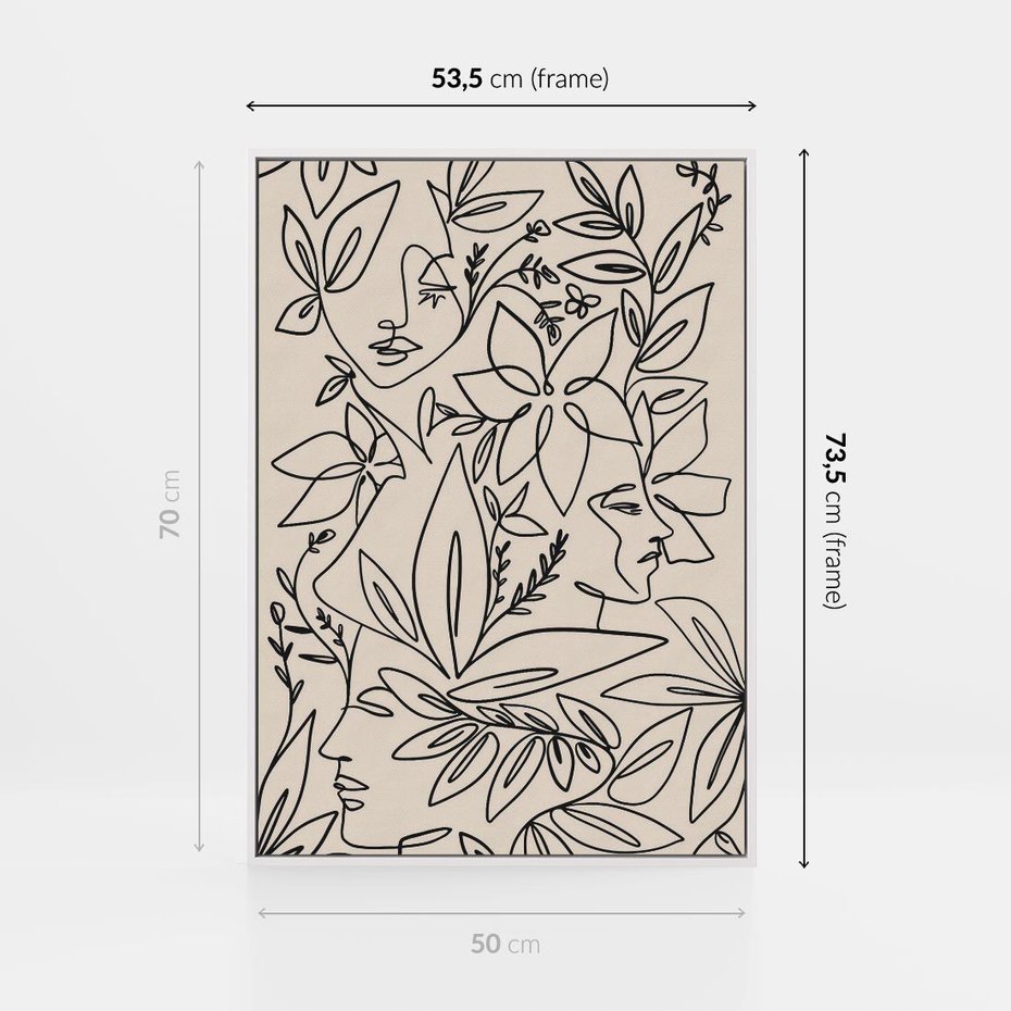 Obraz w ramie 50x70 - Kobiecy Portret Duszy - beżowe tło, czarny szkic nowoczesnych kwiatów - rama biała