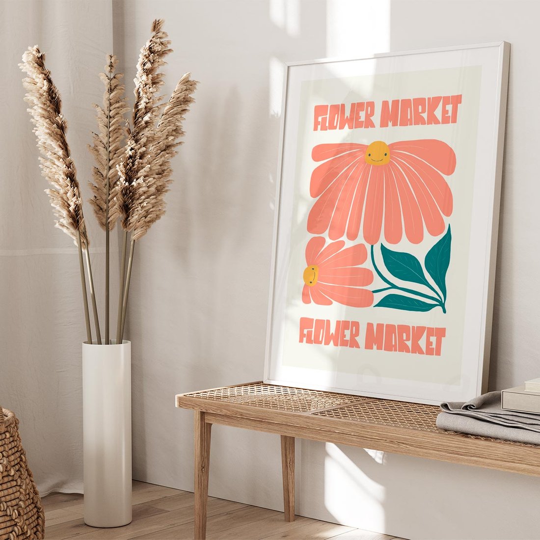 Plakat w ramie 40x50 - Grafika Pełna Radości - wesoła grafika, uśmiechnięte kwiaty - rama biała