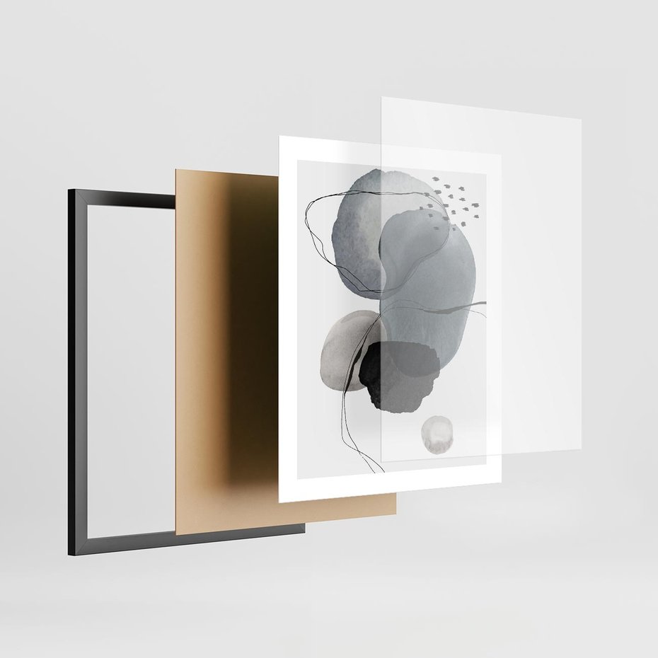 Plakat w ramie 40x50 - Wibracje Kształtów - abstrakcyjne plamy akwarelowe, czarny szkic - rama czarna