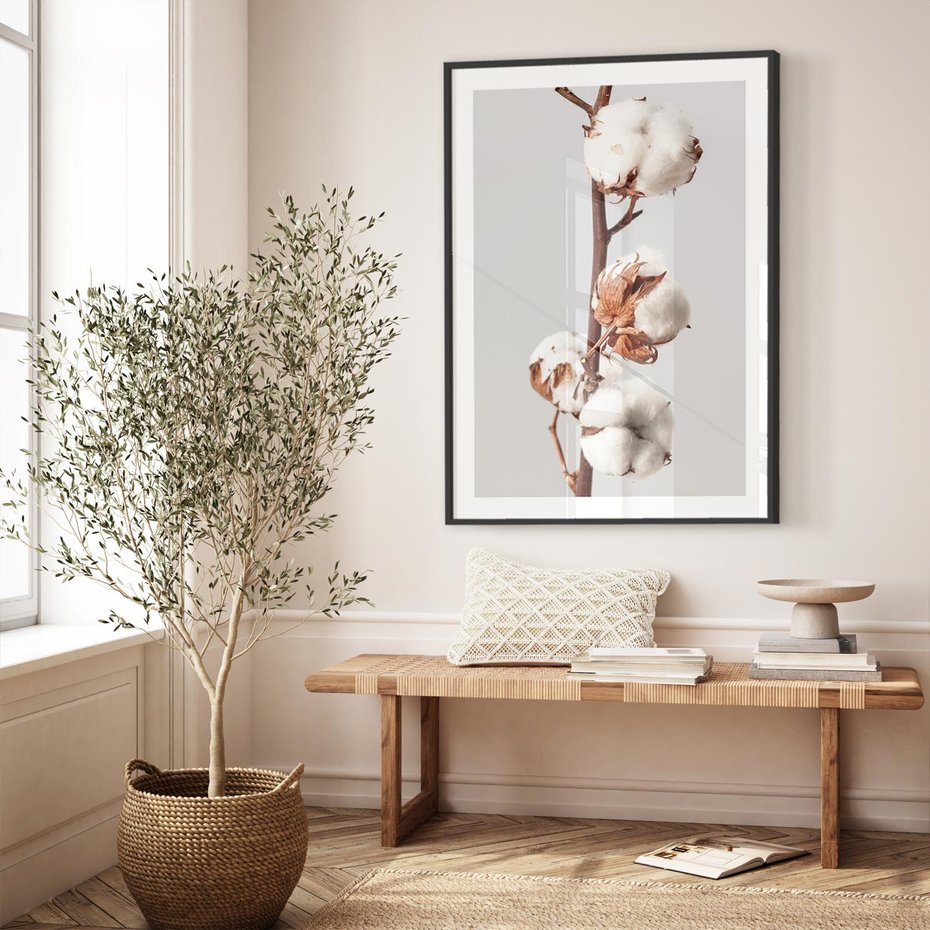 Plakat bez ramy 21x30 - Spokojna Gałązka Bawełny - gałązka bawełny, prosta spokojna fotografia