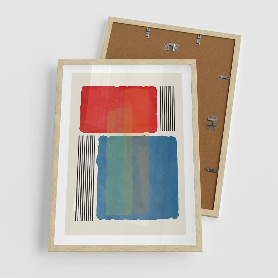 Plakat w ramie 50x70 - Kolorowe Spektrum - kolorowa geometria, prostokąty w intensywnych kształtach i czarne kreski - rama drewno