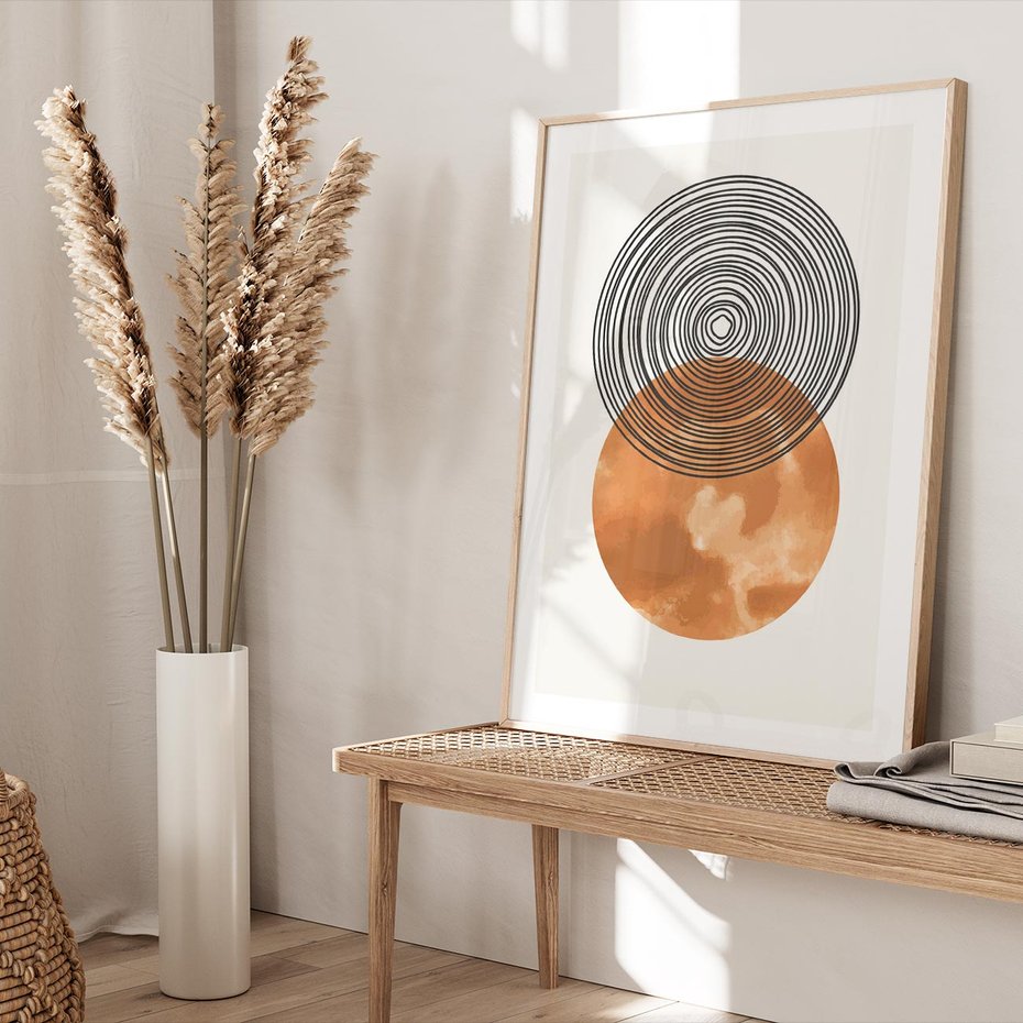 Plakat w ramie 30x40 - Taniec Okręgów - boho obraz, geometria - rama drewno