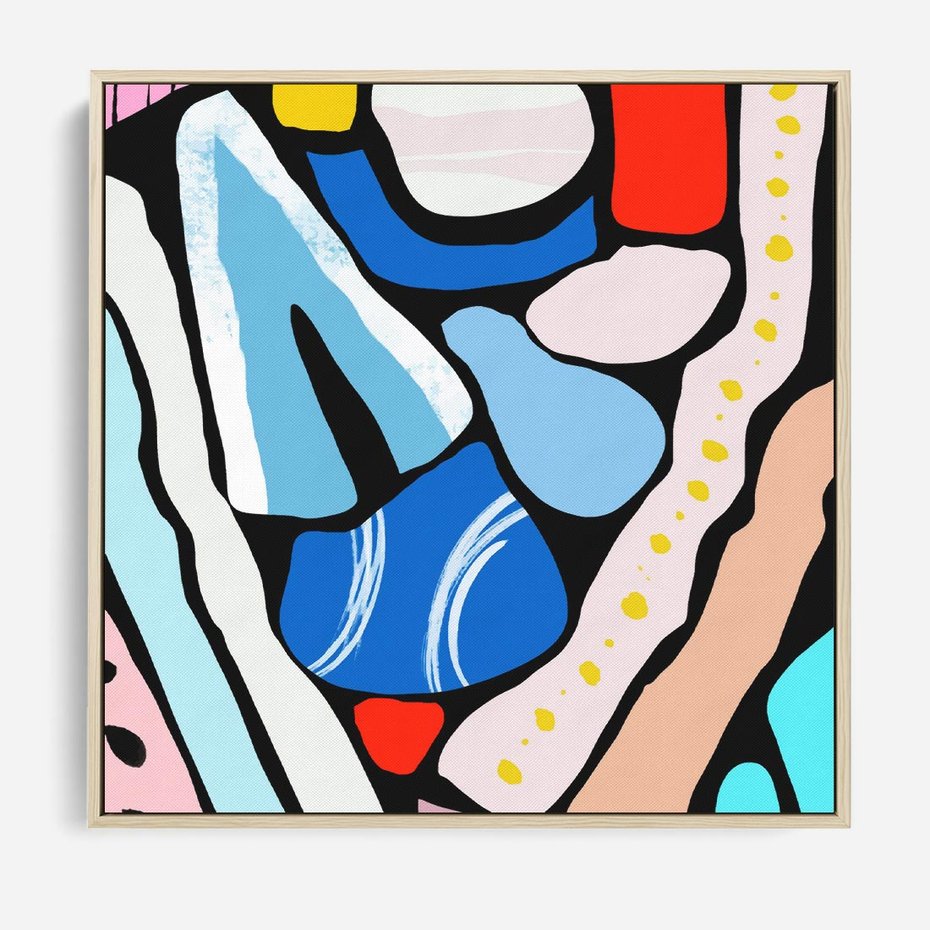 Obraz w ramie 50x50 - Kolory Na Czerni - abstrakcyjne formy, komiksowy styl - rama drewno