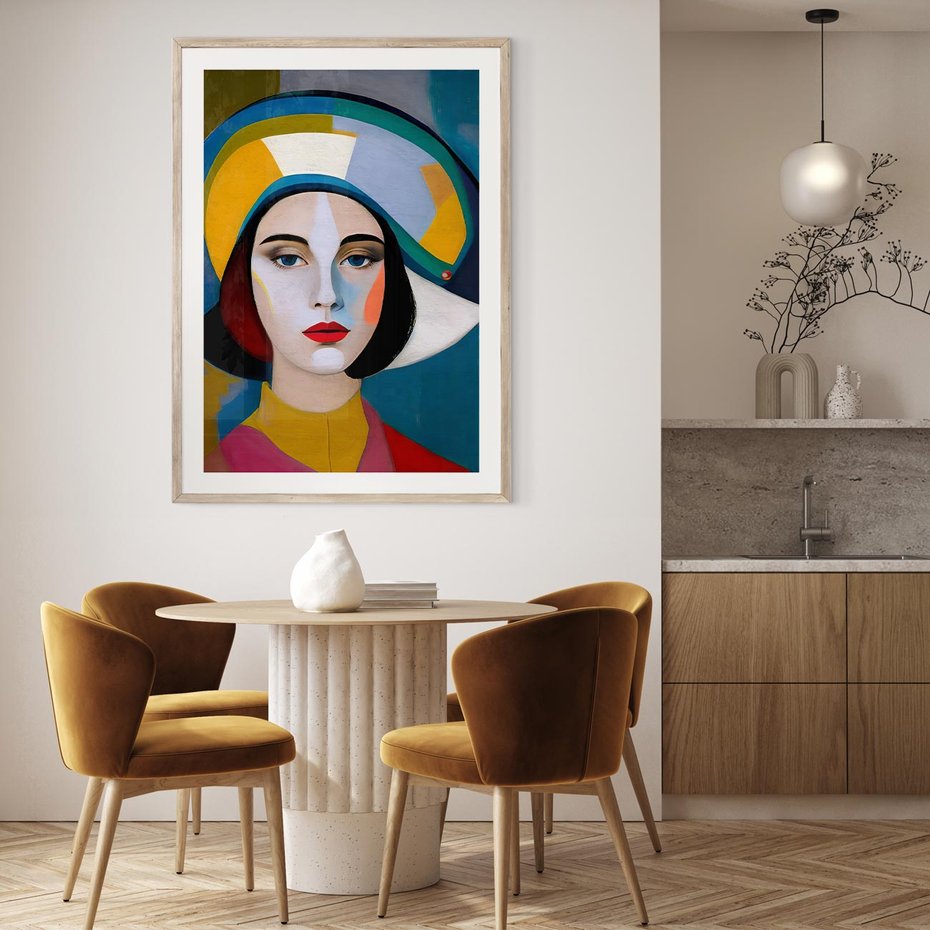 Plakat w ramie 40x50 - Kształtujące Widzenia - abstrakcyjny obraz olejny, portret twarzy kobiety - rama drewno