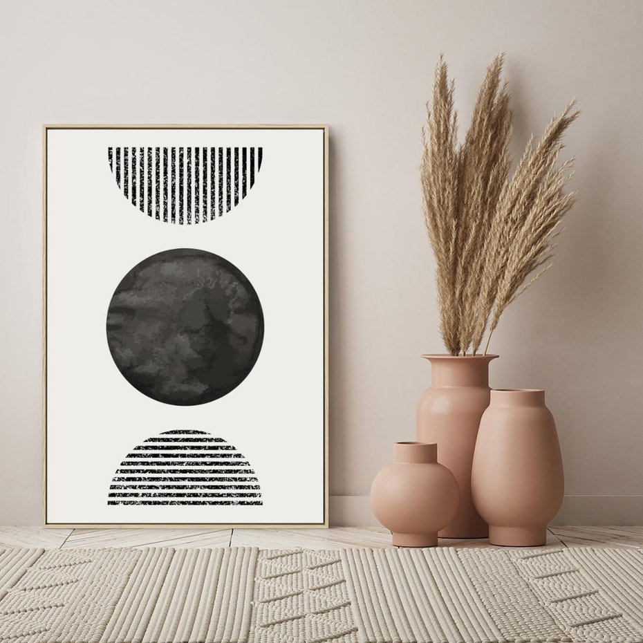 Obraz w ramie 50x70 - Tajemnicza Kompozycja - abstrakcyjne czarno białe formy, minimalizm - rama drewno