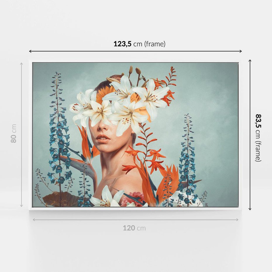 Obraz w ramie 120x80 - Kwiatowa Enklawa Uroku - kolaż, nierealna kompozycja - rama biała