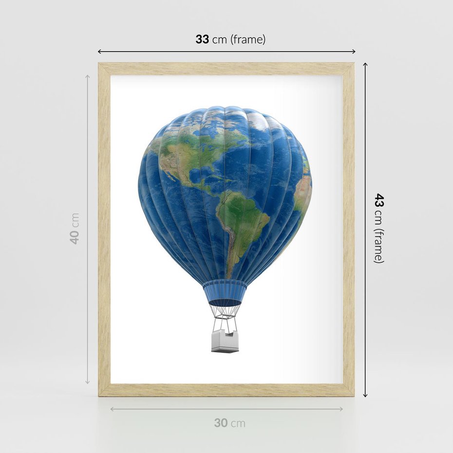 Plakat w ramie 30x40 - Podróżniczy balon nad ziemią - balon, ziemia - rama drewno
