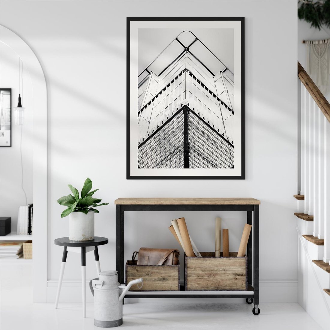 Plakat w ramie 50x70 - Elegancja Współczesnej Architektury: Wieżowiec w Monochromii - nowoczesna architektura, czarno biała fotografia - rama czarna