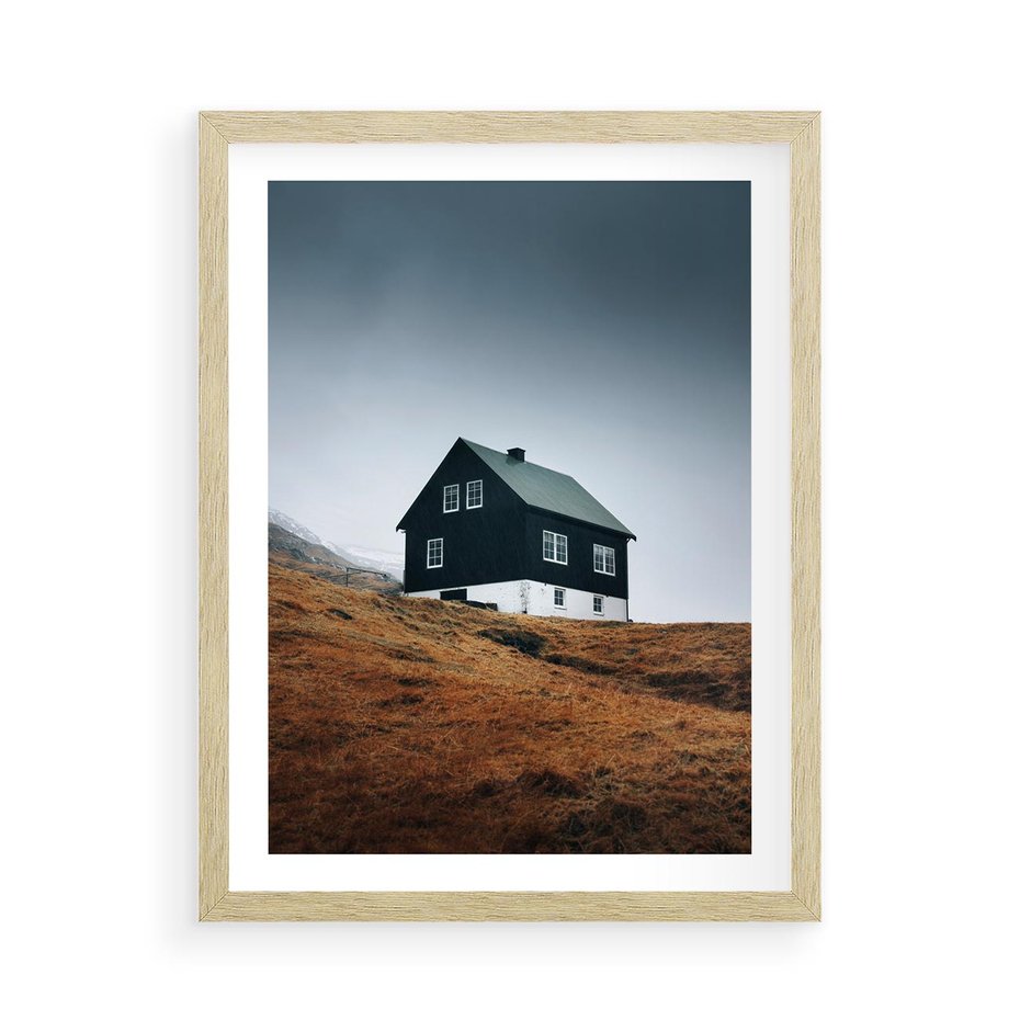 Plakat w ramie 50x70 - Ciepło i Przytulność - skandynawski, domek - rama drewno