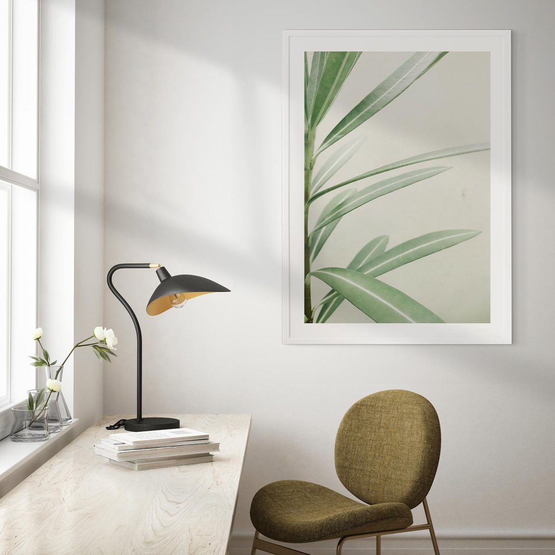 Plakat w ramie 40x50 - Minimalistyczna Tropikalna Harmonia - tropikalna roślina, zielone liście - rama biała