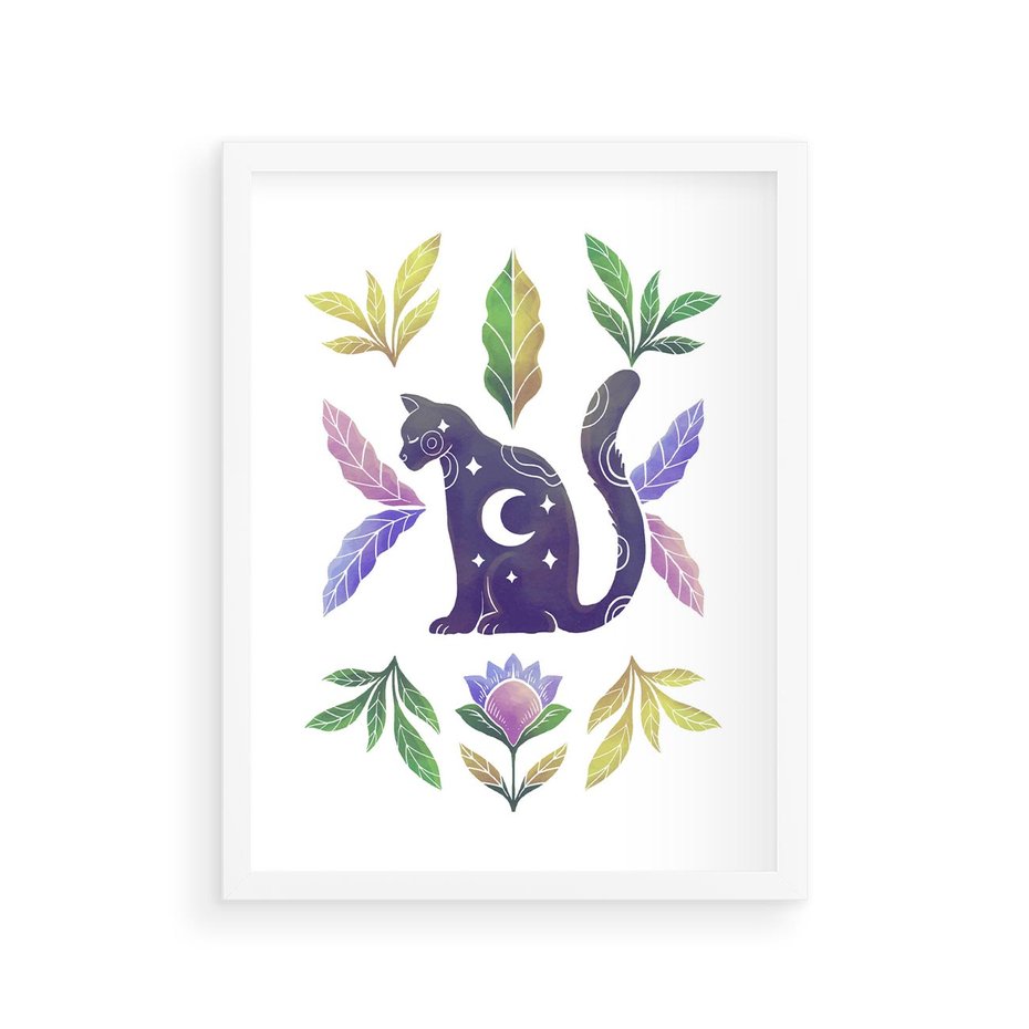 Plakat w ramie 30x40 - Migotliwa Przestrzeń - boho kot, plakat - rama biała