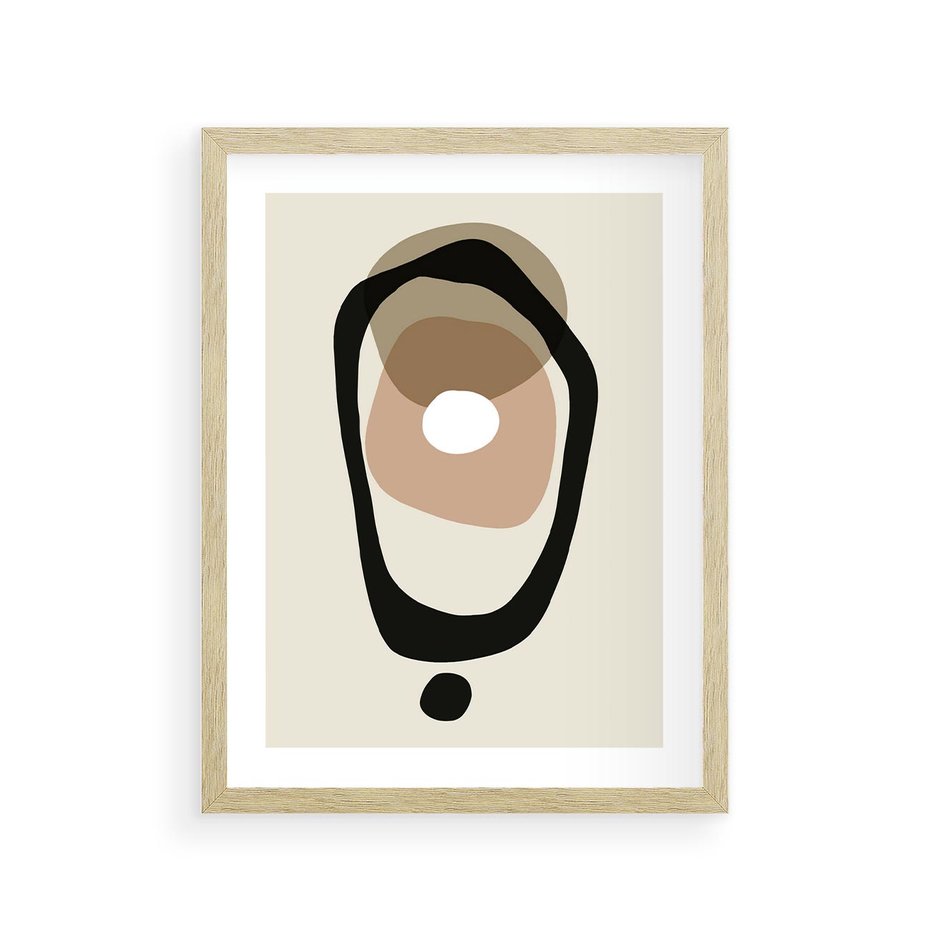 Plakat w ramie 30x40 - Intrygujące Zaskoczenia - beżowa abstrakcyjna kompozycja, czarny akcent - rama drewno