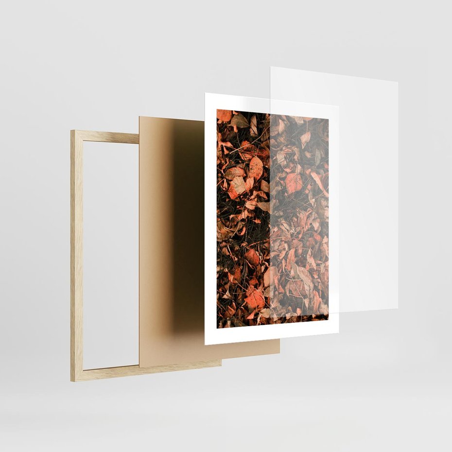 Plakat w ramie 30x40 - Jesienny Splot: Pomarańczowe Liście - liście, pomarańczowe suche liście - rama drewno