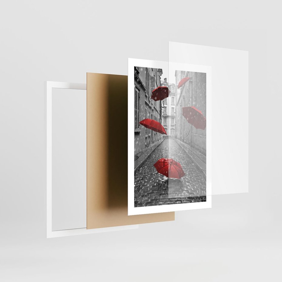 Plakat w ramie 50x70 - Parasole w malowniczej uliczce - parasole, uliczka - rama biała